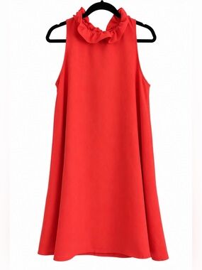 TuckerNuck Coral Red Ruffle Neck Bow Back Shift Dress Size L
